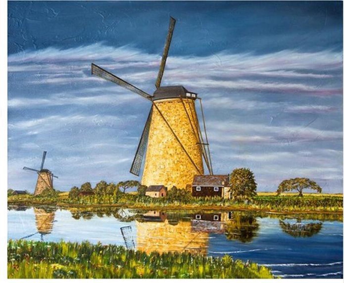 Schilderen op Nummer Volwassenen en Kinderen - Met Lijst, Opgespannen op Frame - Hobby Pakket Verven - Painting by Numbers Adults -  40x50 cm - Gebouwen, Nederlandse Molen